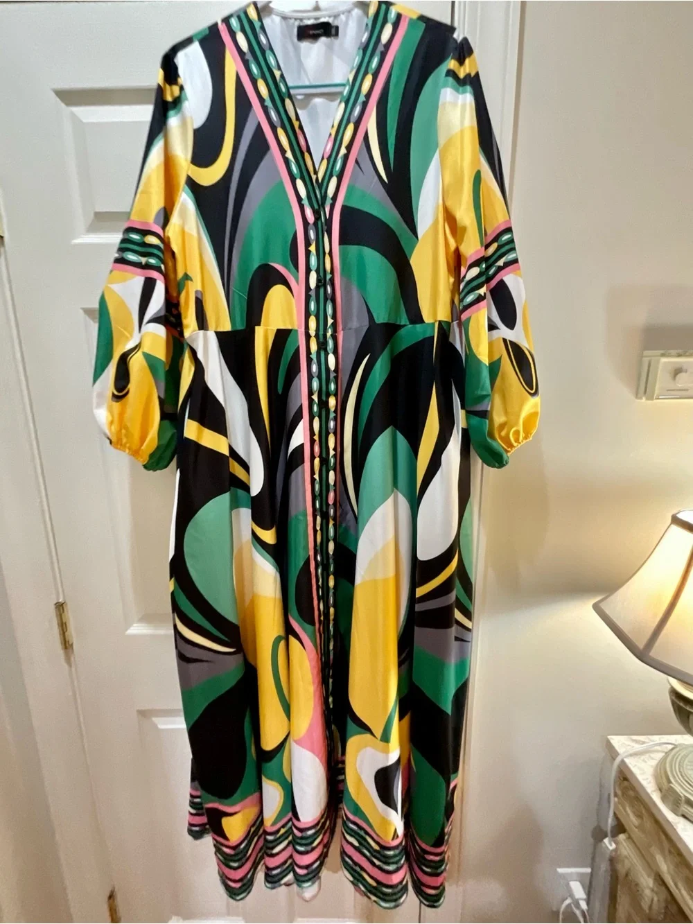 V-Neck Abstract Print Maxi Dress in Green, Yellow, Black & White